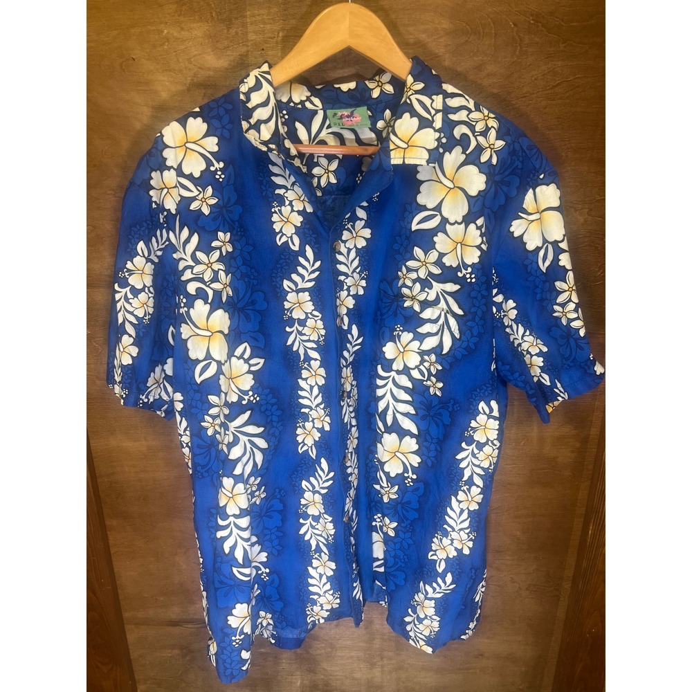 Jade Fashions Mens 2XL Blue Hawaiian Shirt‎ Floral Hibiscus Made in Hawaii Aloha